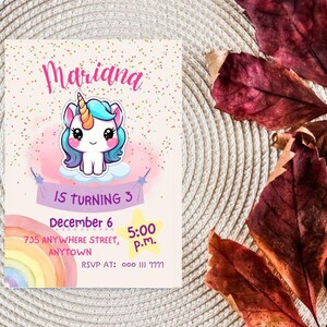 Unicorn Rainbow Girl’s Birthday Party Digital Invitation Template, Printable Digital Woman Electronic Party Card, Editable card, canva edit