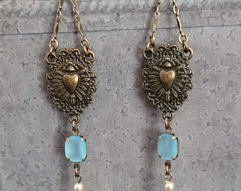 Sacred Heart Earrings Ex Voto Milagro Antique Gold Bronze Jewelry Love Mother's Day Gift Devotion Jewelry Vintage Aqua Blue Glass Crystal