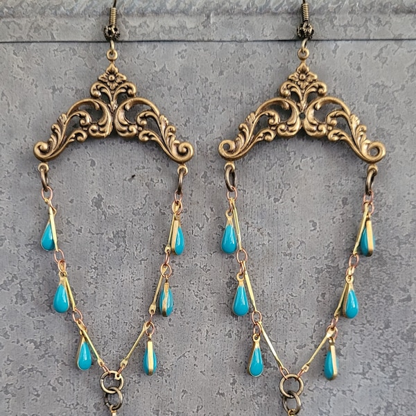 Turquoise and Antique Gold Chandelier Earrings Filigree  Romantic Academia Era Jewelry Old World Peroid Piece  Mother's Day