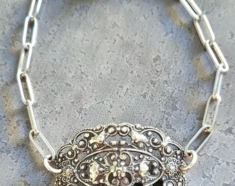 Silver Filigree Toggle Bracelet Floral Design Romantic Jewelry Layering Bracelet Paperclip Chain Mother's Day Gift Bridal Wedding Jewelry