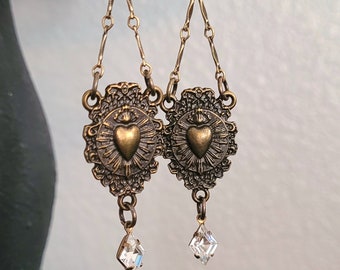 Sacred Heart Earrings Ex Voto Milagro Old World Gold Bronze Jewelry Love Mother's Day Gift Devotion Jewelry Vintage Crystals