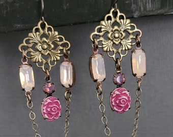 Pink Vintage Crystals Dangle Earrings Romantic Jewelry Period Pieces Mother's Day  Bridal Bridgerton Victorian Wedding Spring Gifts For Her