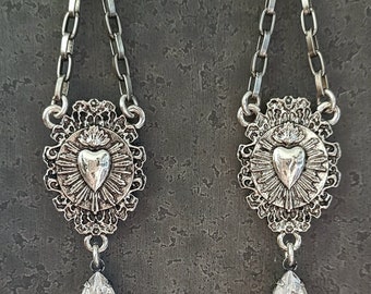 Sacred Heart Earrings Dolce Ex Voto Milagro Antique Silver Jewelry Love Mother's Day Gift Devotion Jewelry Marquise Clear Crystals