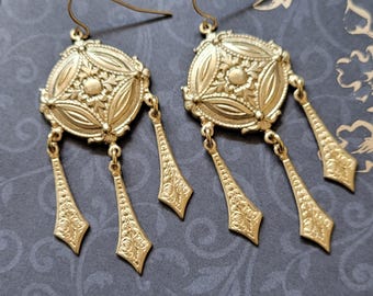 Crotalia Medallion and Point Earrings Gladiator Style Roman Ancient Replica Jewelry Etruscan Medallion Artisan Handcrafted