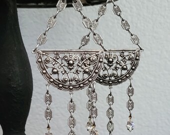 Antique Silver Long Chandelier Earrings Filigree Earrings with Chains and Austrian Crystals   Romantic Academia Era Jewelry Old World