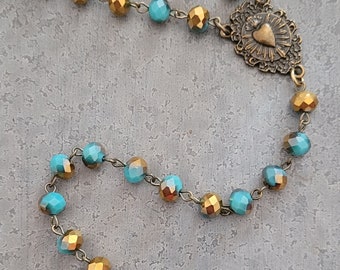 Milagros Ex Voto Sacred Heart Rosary Style Lariat Y Necklace Flaming Heart Love Jewelry   Milagro  Turquoise and Gold Beads Assemblage