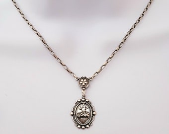 SOLD * Ex Voto Sacred Heart Necklace Milagros Flaming Love Heart Jewelry Silver Milagro Necklace
