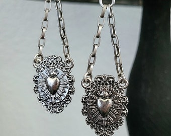 Sacred Ex Voto Heart Earrings  Milagro Antique Silver Jewelry Love Mother's Day Gift Devotion Jewelry
