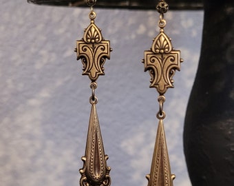 Art Deco Earrings Antique Golden Brass Jewelry Bohemian Artisan Handcrafted Jewelry Dangle Drop Bridal Wedding Romantic  Bridgerton Style