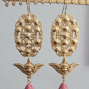 Vintage Cherub Angels Earrings  Victorian Filigree Pink and Gold Vintage Beads Baroque Jewelry