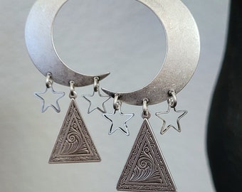 Stevie Nicks Inspired Jewelry Pyramid Crescent Moon and Stars Earrings Antique Silver  Bohemian  Earrings Gypsy BOHO