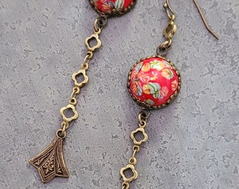 Bohemian Earrings Red Floral Jewelry Boho Music Festival Concert Outfit OOAK Artisan Jewelry