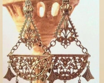 Large Chandelier Earrings Antique Gold Filigree  Romantic Academia Era Jewelry Old World Cosplay Mother's Day
