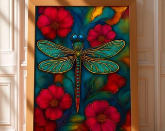 Lámina con tinta de alcohol de libélulas y flores: Decoración bohemia inspirada en la naturaleza (Descarga digital)