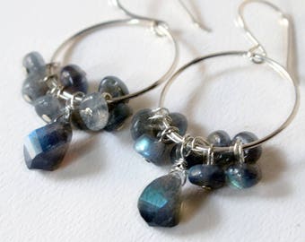 Labradorite Silver Hoop Earrings  Boho Gemstone Hoop Earrings  Labradorite Flash Handmade Silver Jewelry