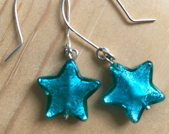 Luminous Murano Glass Star Earrings, Teal Green Sterling Silver
