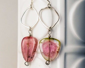 Watermelon Tourmaline Silce Sterling Silver Dangle Earrings Handmade Jewelry Gift for Woman