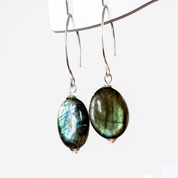 Labradorite Sterling Silver Earrings  Blue Labradorite Silver Drop Earrings  Long Labradorite Gemstone Earrings  Gift for Woman