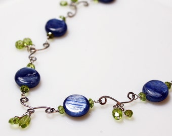 Blue Kyanite and Peridot Sterling Silver Necklace, Blue and Green Gemstone Jewelry Gift for Woman