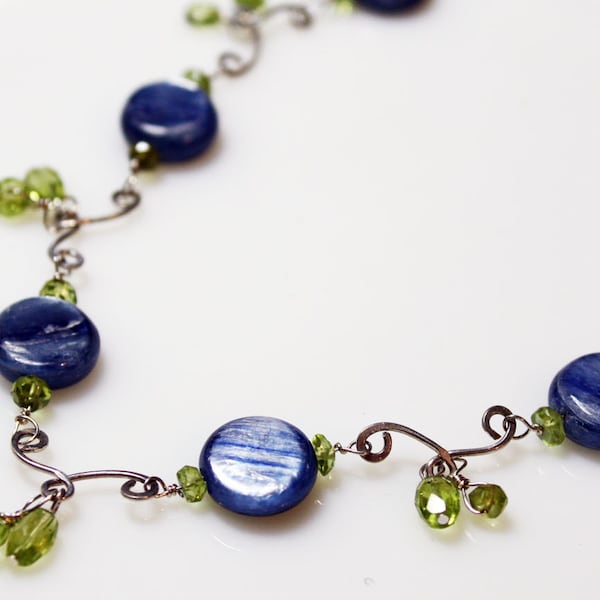 Blue Kyanite and Peridot Sterling Silver Necklace, Blue and Green Gemstone Jewelry Gift for Woman