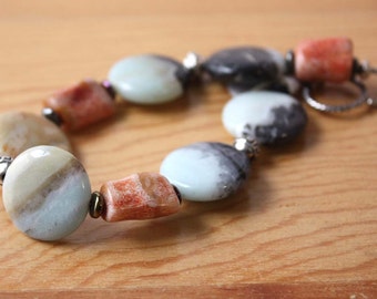 Colorful Amazonite and Coral Gemstone Bracelet Chunky Bold Multicolor Gemstone Fashion Jewelry Gift for Woman