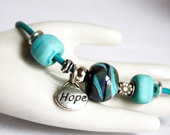 Turquoise Leather Inspirational Hope Designer Bracelet, Sterling Silver Leather Bracelet Gift for her