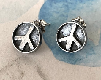 Peace Sign Stud Earrings in Sterling Silver Minimalist Style Handmade in USA