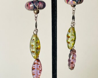 Long Lampwork Glass and Vintage Art Glass Leaf Earrings Fashion Jewelry Gift for Woman