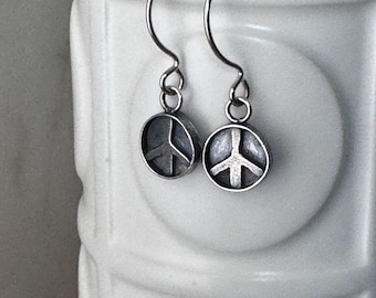 Sterling Silver Peace Sign Dangle Earrings Classic Artisan Everyday Jewelry