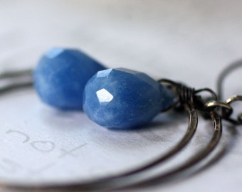 Blue Chalcedony Sterling Silver Hoop Earrings, Boho Dangle
