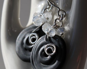Black Lampwork Earrings, Moonstone Beads, Sterling Silver Spirals