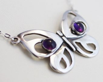 Modern Sterling Silver Butterfly Necklace with Amethyst  Large Silver Butterfly Necklace Nature Inspired Jewelry