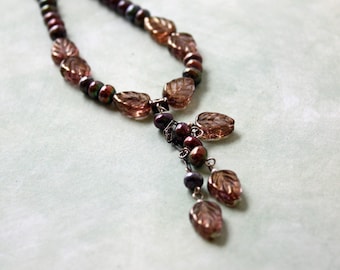 Handmade Bronze Pearl Leaf Y Necklace, Boho Chic Jewelry