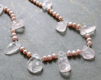 Rose Quartz and Pink Pearl Necklace  Pink Pearl and Gemstone Wedding Necklace for Bride or Mother