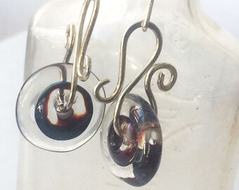 Blueberry Swirl Lamp Work Glass Sterling Silver Metalwork Earrings Womens Fahsion Jewelry Gift