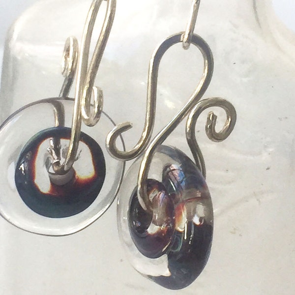 Blueberry Swirl Lamp Work Glass Sterling Silver Metalwork Earrings Womens Fahsion Jewelry Gift