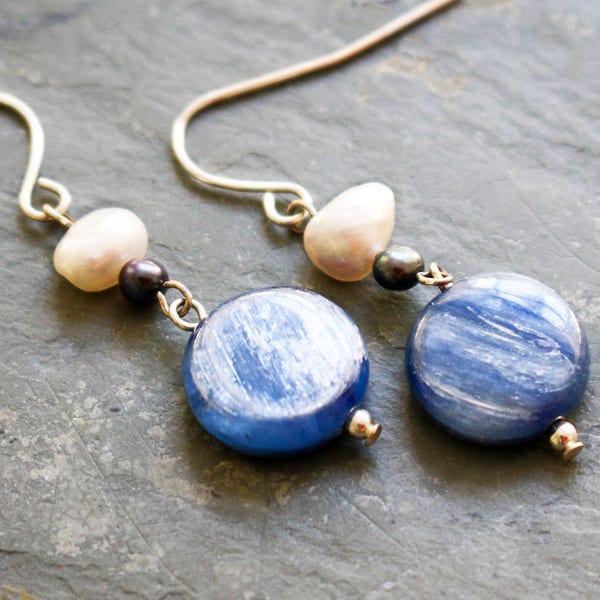Blue Kyanite and Pearl Silver Earrings, Minimalist Blue Everyday Earring Handmade Gift for Woman