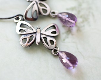 Amethyst Butterfly Earrings, Sterling Silver Dangle, Handmade in USA