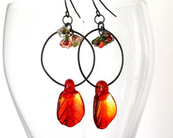 Red Autumn Leaf Lamp Work Glass and Silver Earrings, Boho Silver Autumn Earrings Gift for Woman