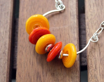 Bright Colors Lampwork Necklace  Orange and Gold Bold Modern Sterling Silver Jewelry