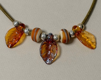 Golden Leaves Lampwork Necklace, Autumn Leaf Necklace with Sterling Silver, One of a Kind