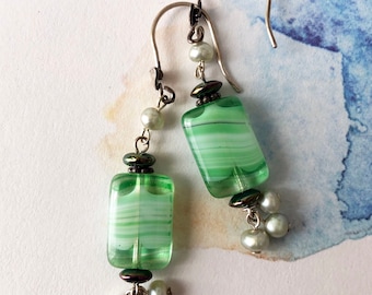 Green Glass Silver Drop Earrings, Boho Style Green Glass and Pearl Earrings, Vintage Glass Jewelry Gift for Woman