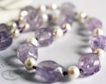 Chunky Pastel Amethyst and Pearl Necklace Genuine Gemstone Handmade Designer Jewelry