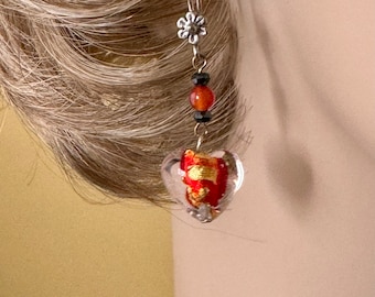 Red and Gold Murano Glass Heart Dangle Earrings Handmade Gift for Woman