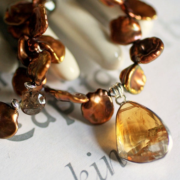 Mocha Pearl and Golden Citrine Necklace  Genuine Pearl and Gemstone   Autumn Fashion Statement Jewelry Gift for Woman