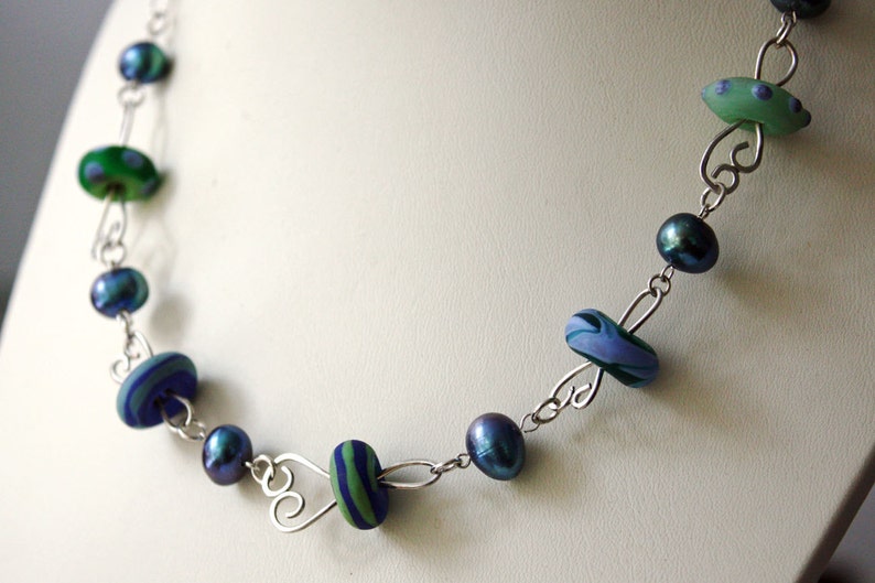 Blues Necklace Lamp Work Glass with Pearls and Sterling Silver, Blue Pearl and Lamp Work Sterling Silver Statement Necklace image 3