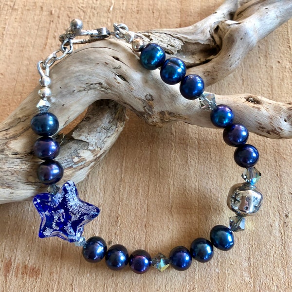 Blue Murano Glass Star and Freshwater Pearl Statement Bracelet One of a Kind Gift for Woman