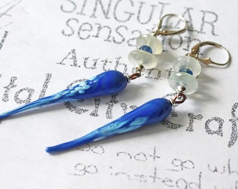 Blue Lamp Work Glass Long Silver Earrings   Blue Glass Shoulder Duster Earrings Gift for Woman