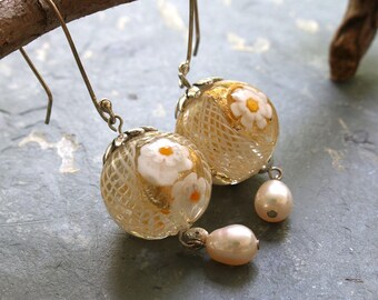 White Flower Murano Glass and Pearl Earrings Elegant White and Gold Wedding Jewelry