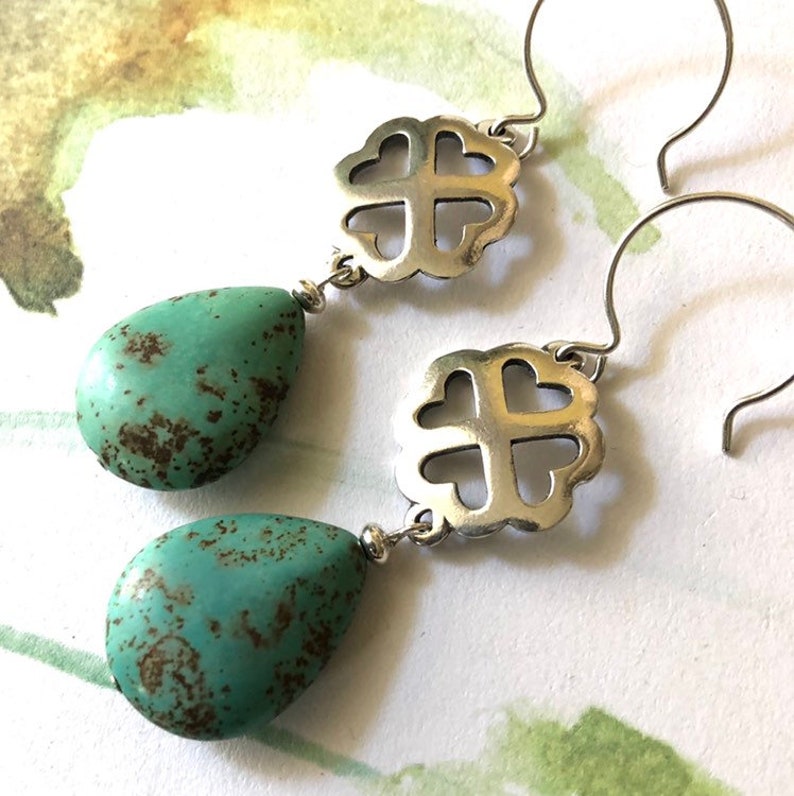 Turquoise and Sterling Silver Clover Earrings Gift for Woman